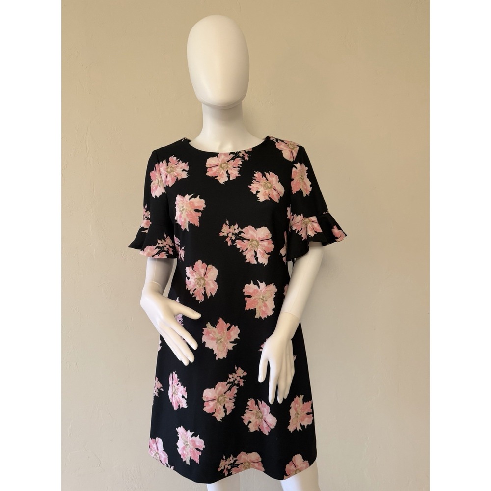 NWT Tommy Hilfiger Black Pink Floral Ruffle Sleeve Shift Dress Zip Size 8